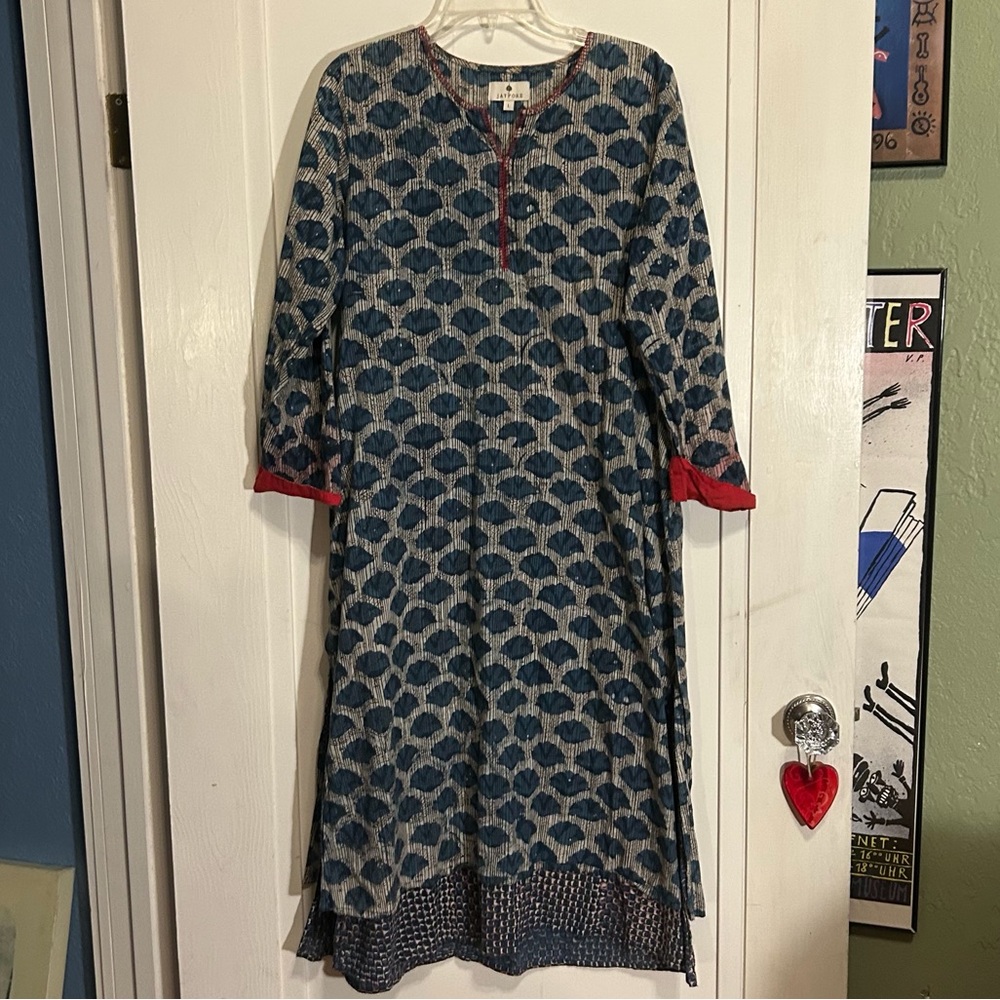 Jaypore Indigo Blue Cotton Ajrakh Kurta Indian Women’s Cotton Kurti Long Dress